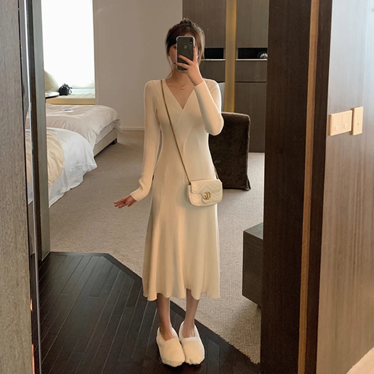 

Yocalor Elegant OL Long Sweater Dress Women Thick Knit 2020 Spring Winter Dress Female Slim A-line V Neck Slim Basic Dress