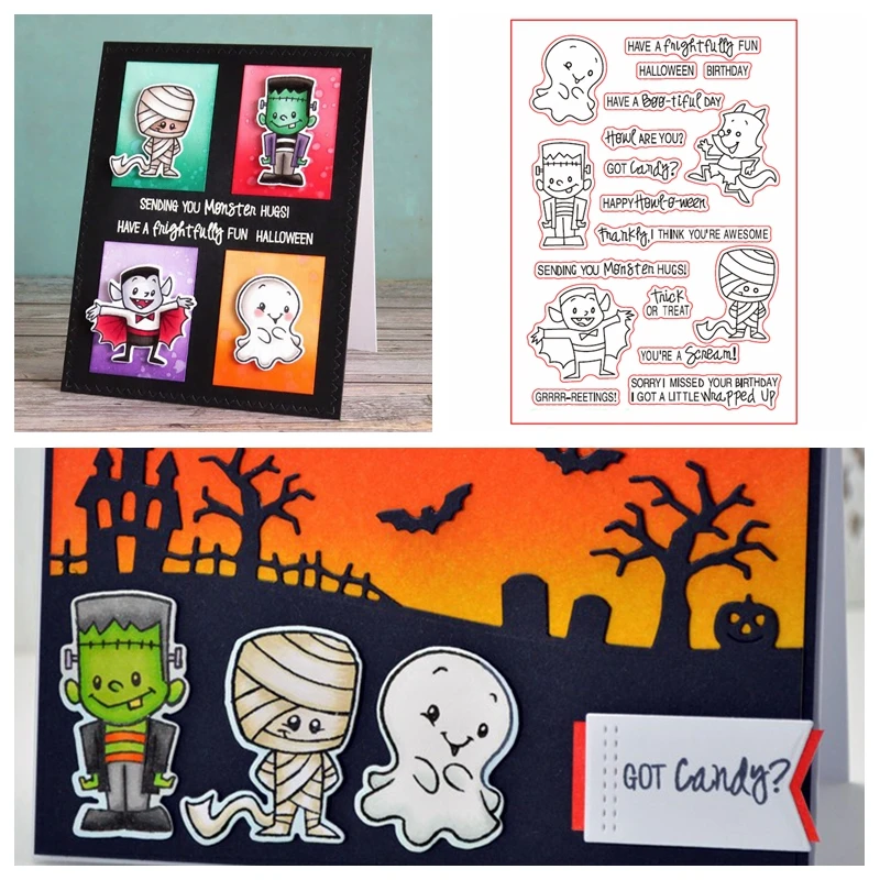 Хэллоуин Мультфильм персонажи отправляет вас Монстр обнимашки прозрачные