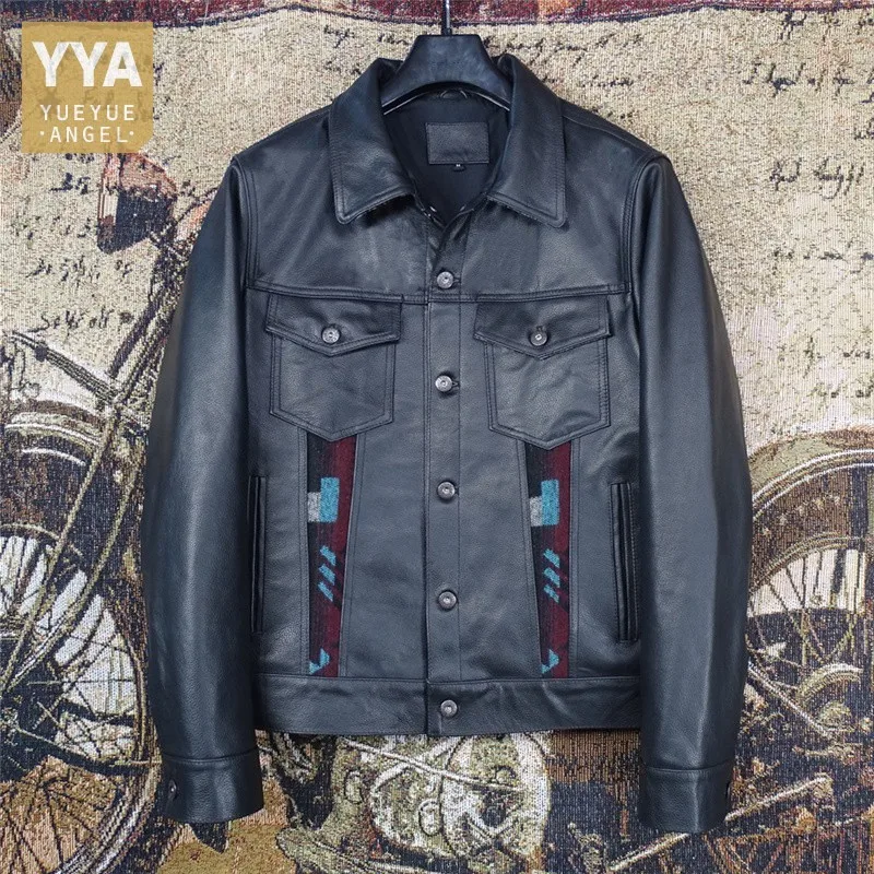 

Retro Pattern Patchwork Mens Cowhide Genuine Leather Jacket Single Breasted Windproof Motorcycle Biker Coat Man Slim Fit Jacket