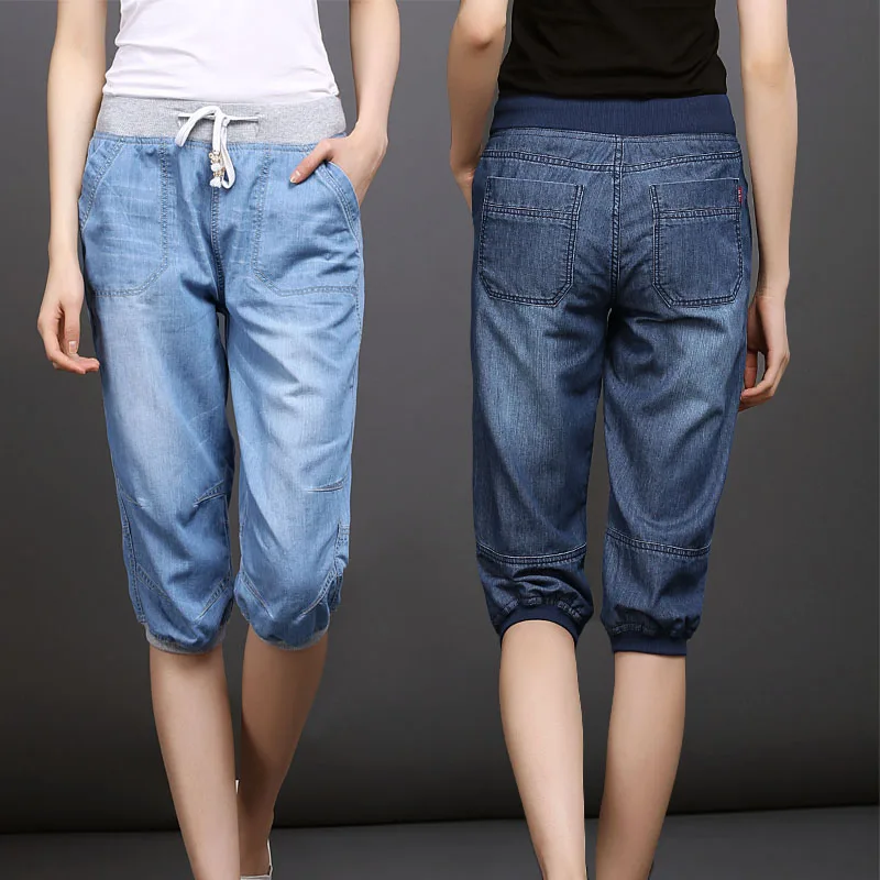 

Plus Size Black Denim Jeans Women's Summer Harem Pants Light Washed Loose Cotton Casual Calf-Length Blue Trousers Women 3XL 4XL