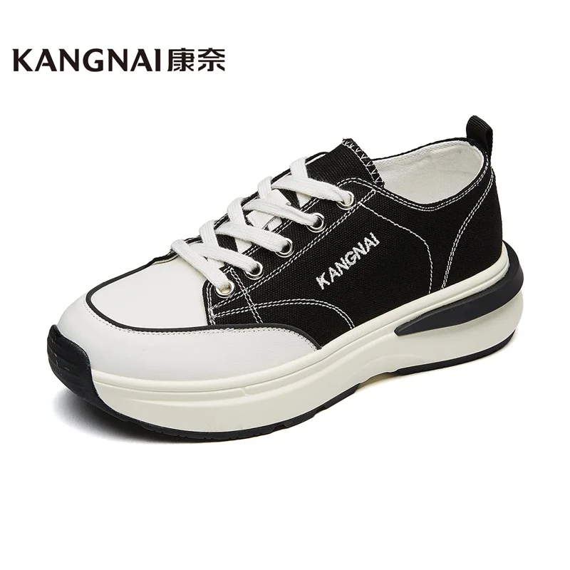 

KANGNAI Women Shoes Chunky Sneakers Lace-Up Low Top Flats Platform Canvas Lace-Up Height Increase Ladies Casual Shoes 2020