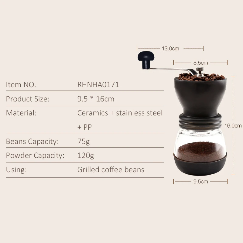 

Coffee Grinder Hot Ceramic Millstone Manual for Home Office with 2 Glass Sealed Pots Portable Coffee Mill tool Easy Cleaning