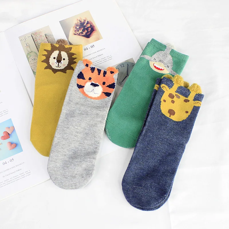 Boxed Cotton Flax Children's Socks Cute Cartoon Animal Wild Cotton Boys and Girls Socks Breathable Warm Mid-Range Baby Socks