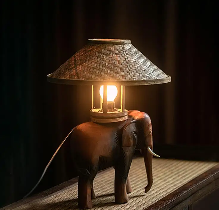 

Bamboo&Wood Carving Table lamp Thai and Asia Style Traditional Bedroom Living Room Art Elephant Desk Table Lamp for Hotel Club