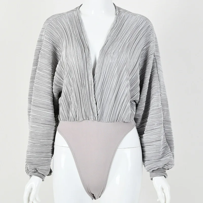 

Women Deep V Neck Bodysuit Sexy Puff Sleeve Loose Jumpsuit Solid Elastic Casual Party Bodysuits Long Sleeve Tops