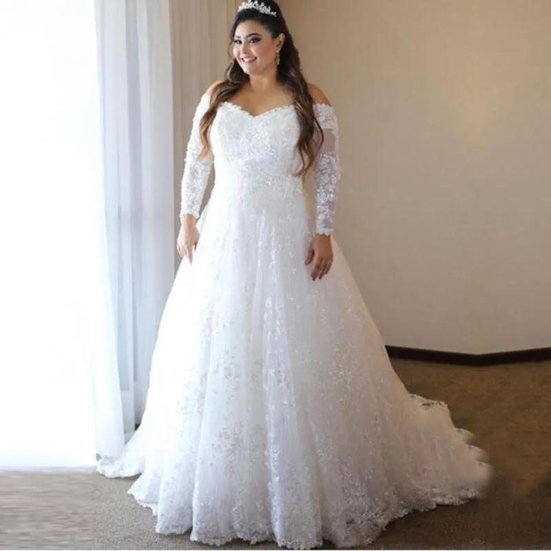 

Sweetheart Long Sleeves Lace Appliques Wedding Dresses Sexy Plus Size Custom Spring Garden Ladies Bridal Dress European Fashion