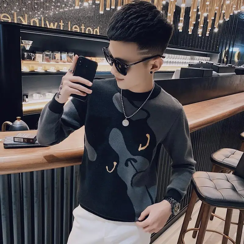 

Net Red Tide Brand Sweater Men Korean Fashion Personality Printing Knitted Shirt Fall/Winter Backing Knitted Shirt Short Sweater