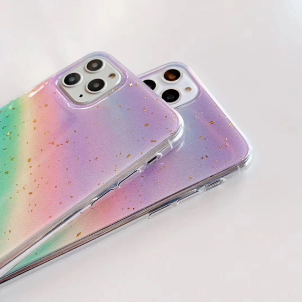 

For iphone 11 Pro Max XR X XS Max 6 6s 7 8 Plus SE 2020 Soft Silicone Phone Case Gold Foil Gradient Rainbow Glitter Back Cover
