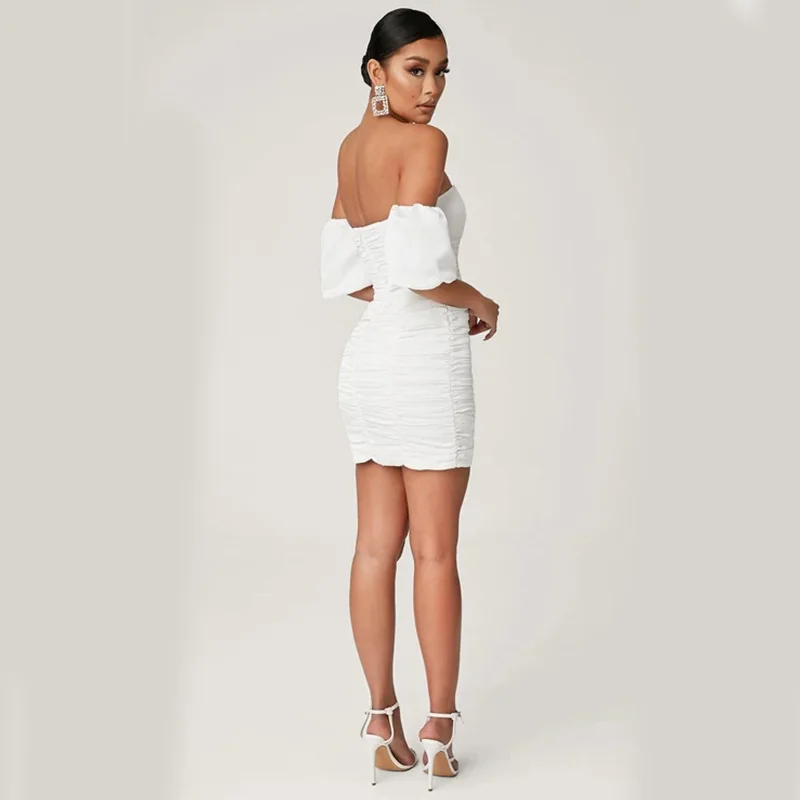 2020 new hot summer one line chest wrap skirt slim fit Hip Wrap Skirt sexy open back pure white breathable pleated women's dress | Женская