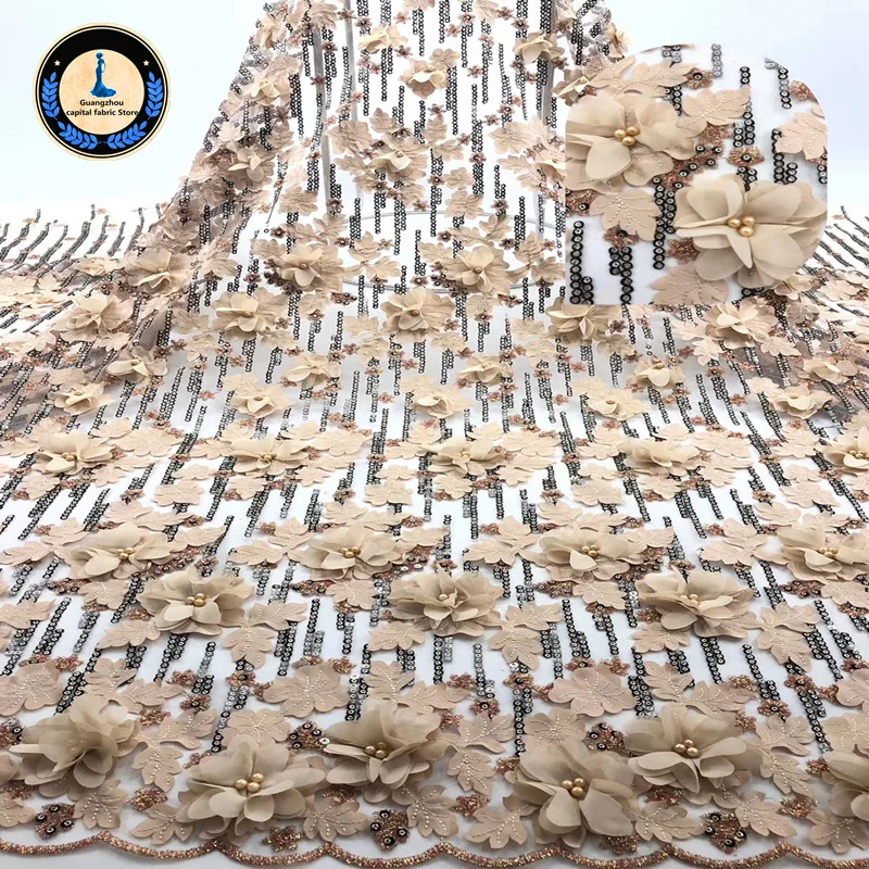 

Africa Lace FabricHigh Quality Embroidery Applique French lace sequins with beads Fabric Used for women Wedding dress