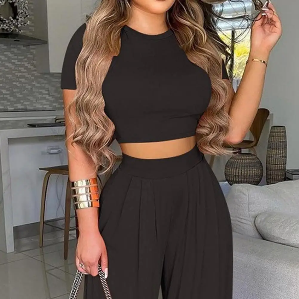 

O-neck cropped female summer suit elegant sexy wide-leg slim short blouse women summer about suit soft daily street shorts sets