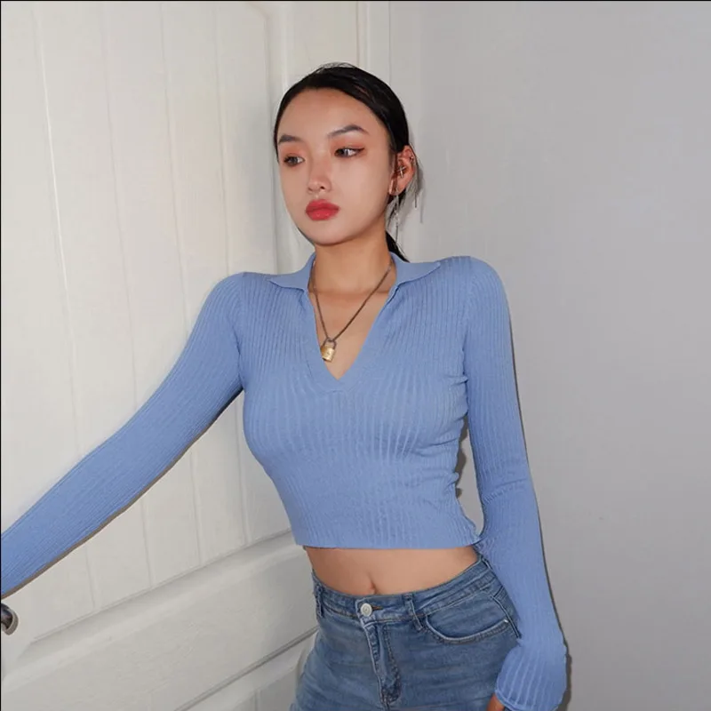 

Avocado Green polo shirt knitted long sleeve T-shirt women's short open navel heart machine top thin misa sweater fashion