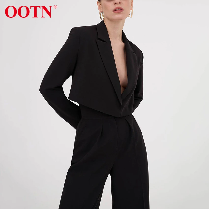 

OOTN Office Lady Notched Long Sleeve Short Top Set Woman 2 Pieces Button High Waist Straight Pleated Pant Suits Spring Autumn