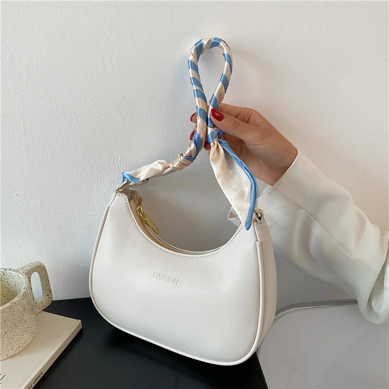 

Trendy Ribbon Half Moon Shoulder Bags For Women Brand Designer Semicircle Solid Color Small Baguette Ladies Hand Bags New 2021
