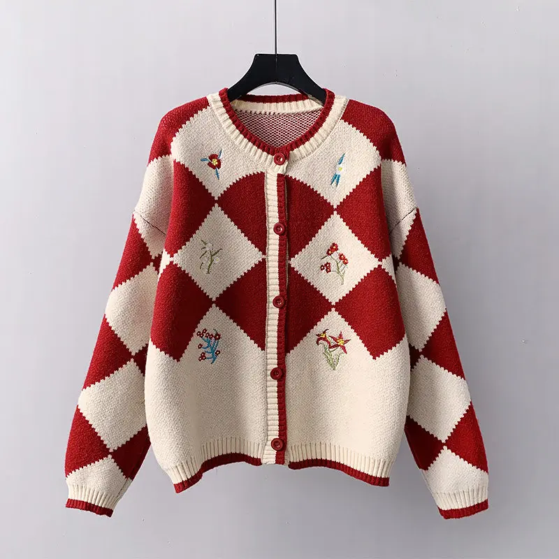 

Женский трикотажный кардиган на пуговицах, яркий джемпер с геометрическим узором и цветочной вышивкой, весна-Зима 2022