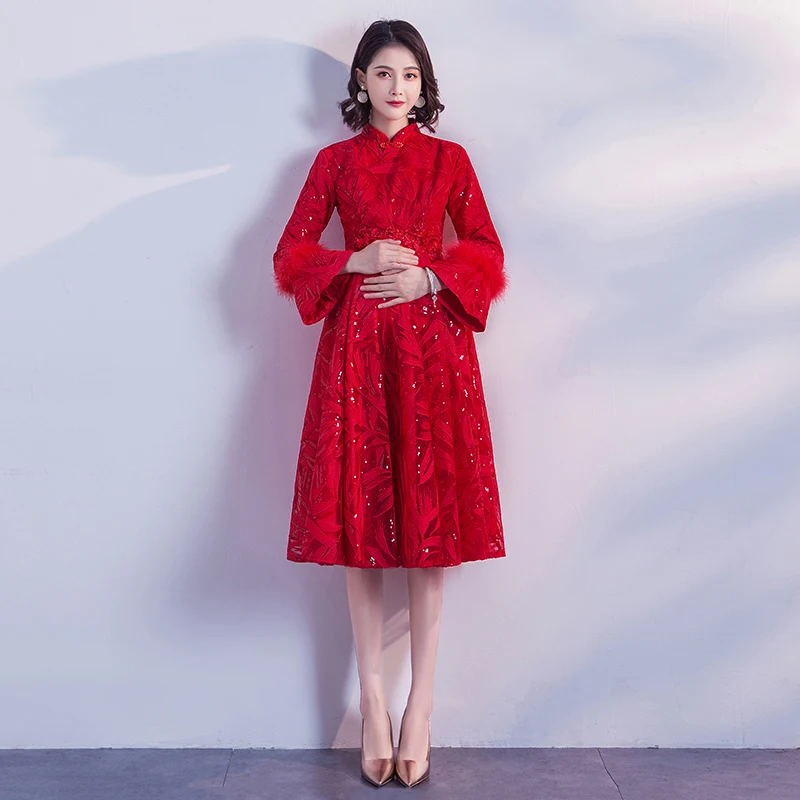 

Женское вечернее платье, Красное Кружевное платье-трапеция до колена с высоким воротником и длинными рукавами, с вышивкой, D471, размера плюс