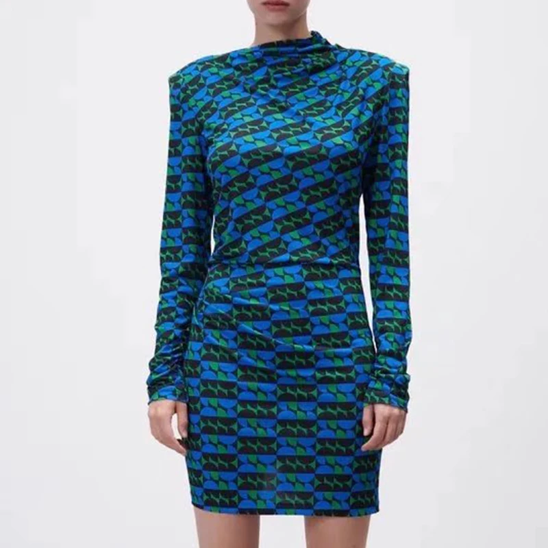 

2021 Autumn Women Fashion Folds Printed Dress Vintage Long Sleeve Irregular Collar Female Slim Short Dress OZZ13789