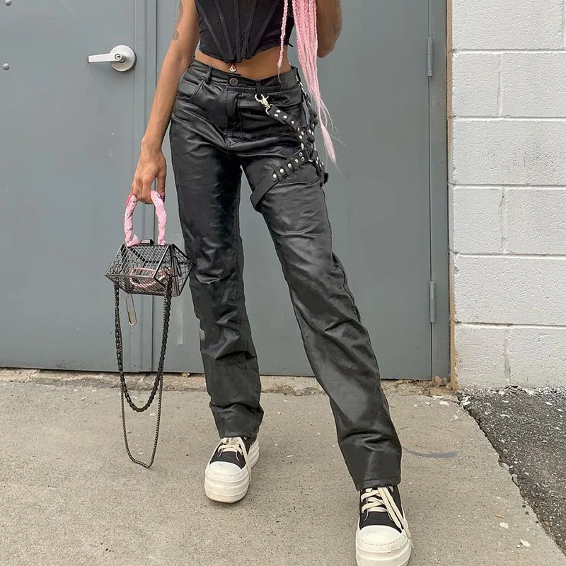 

NSHYPOI Модные женские темные металлические аксессуары с заниженной талией кожаные брюки осенние темпераментные прямые черные брюки