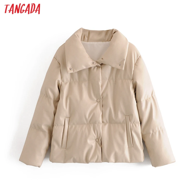 Tangada Women brown fur faux leather jacket coat oversized buttons 2020 Winter Female pu turn down collar overcoat QN30 | Женская одежда