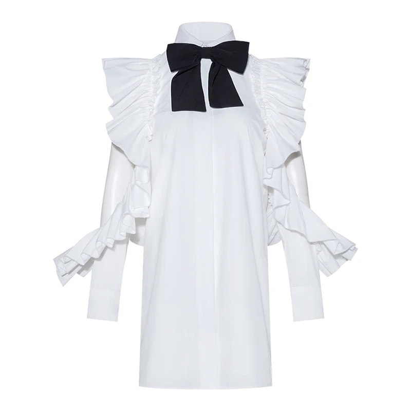 

GALCAUR White Vintage Shirt For Women Lapel Butterfly Sleeve Patchwork Bowknot Hit Color Hollow Out Designer Blouse Female 2020