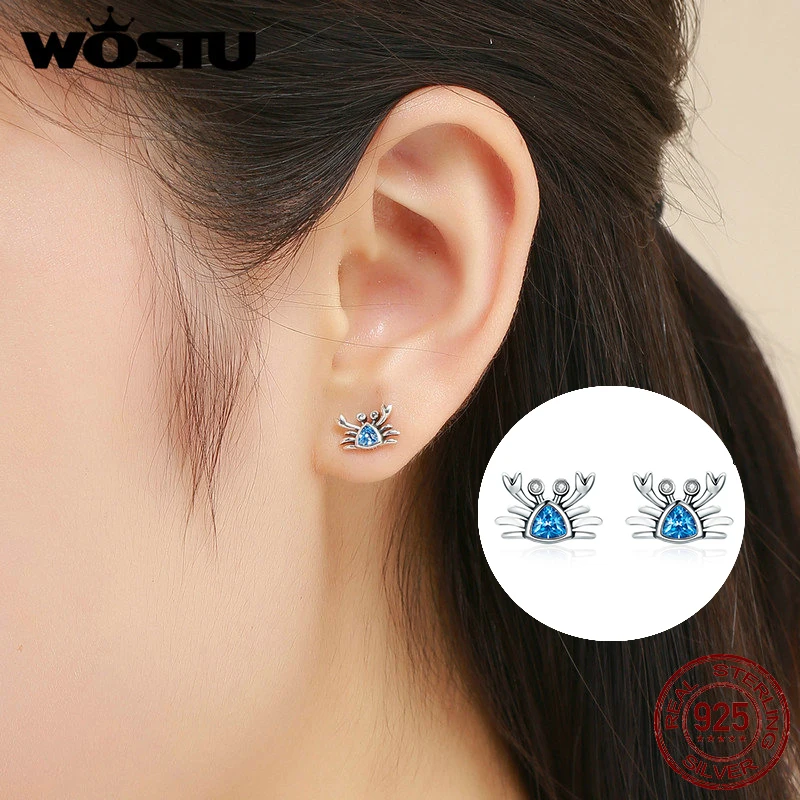 Женские серьги гвоздики WOSTU очаровательный Краб из чистого серебра 925 пробы с