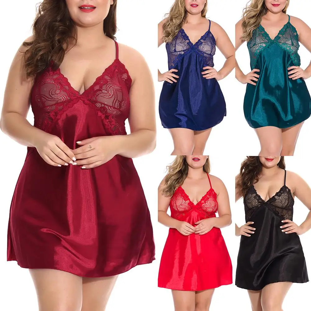 

Sexy Women PlusSize Back Cross Lace Nightdress with Briefs Erotic Babydoll Set Large hem night dress conceal unwanted belly part