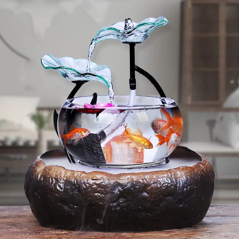 3-ступенчатое лотоса настольная воды украшения для фонтана, увлажнитель воздуха распылительный механизм, водопадов, с Стекло садок для рыбы Украшения дома и офиса