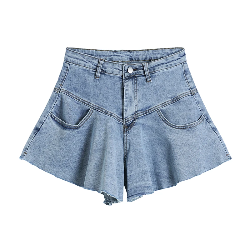 

Summer 2021 Women's Streetwear Denim Shorts Warm Jeans High Waist Wide Leg Pants Y2K Baggy Student Girl Vintage Ruffled Shorts