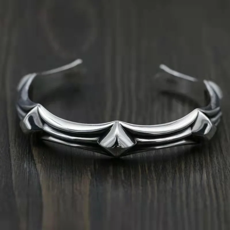 

925 Silver Retro Fishbone Bracelet, Male and Female Lovers' Personalized Bamboo Open Bracelet, Fashion Party Hand Jewelry Gift