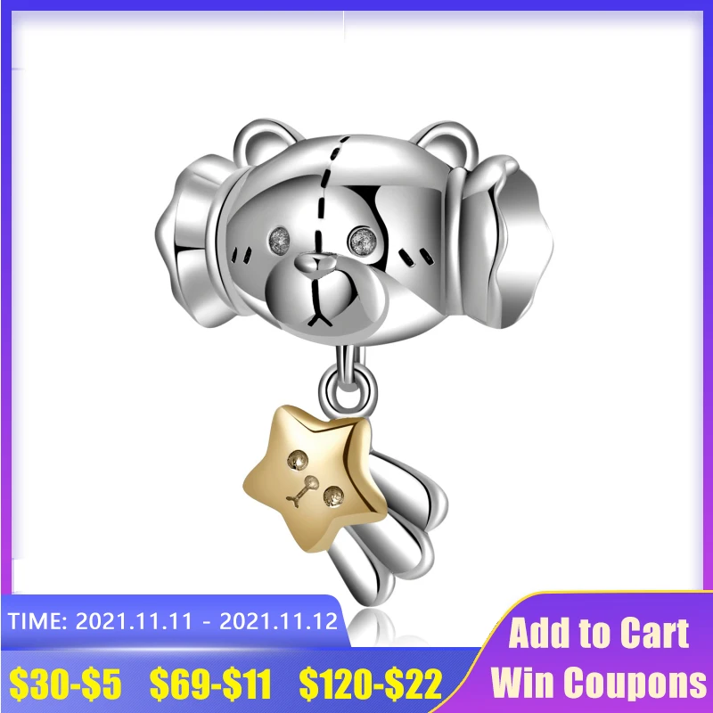 

14K Gold Star Pendant wiht 925 Sterling Silver Delicate bear Charms for Jewelry Making Original DIY Pandora Bracelets Bangles