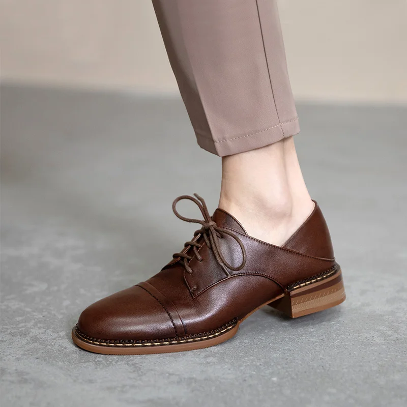 

Flats Small Women's British Style Spring Retro Soft Sheepskin Genuine Leather Thick Heel Brogue Shoes