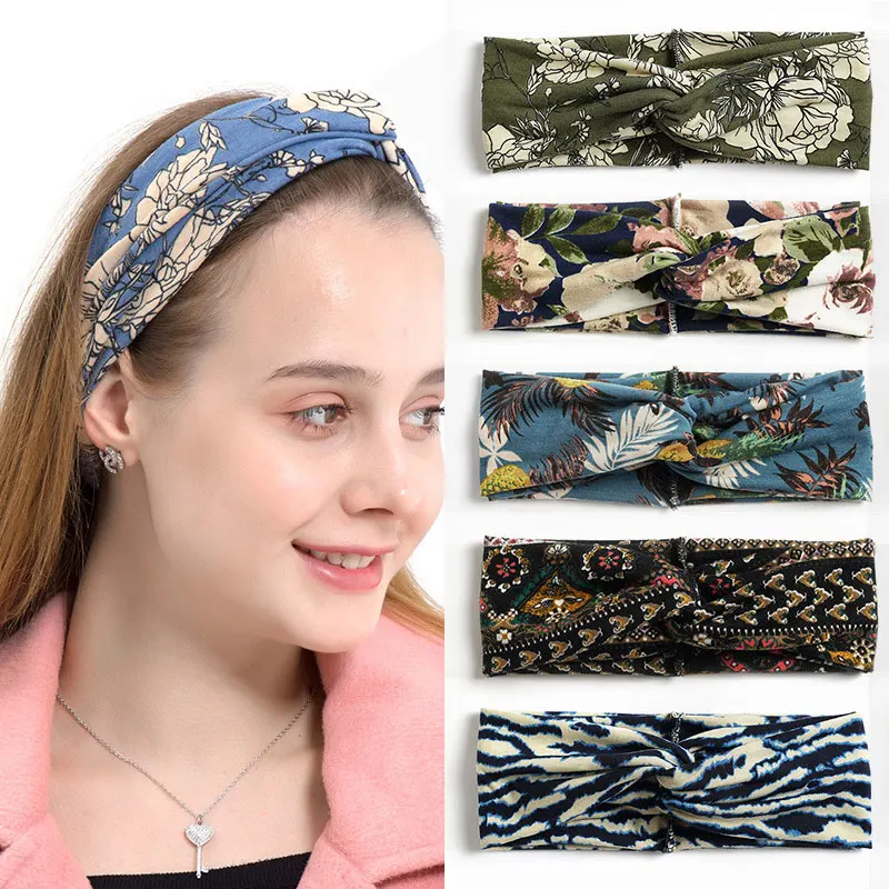 Женская повязка на голову с цветочным принтом эластичная перекрестными узлами| |