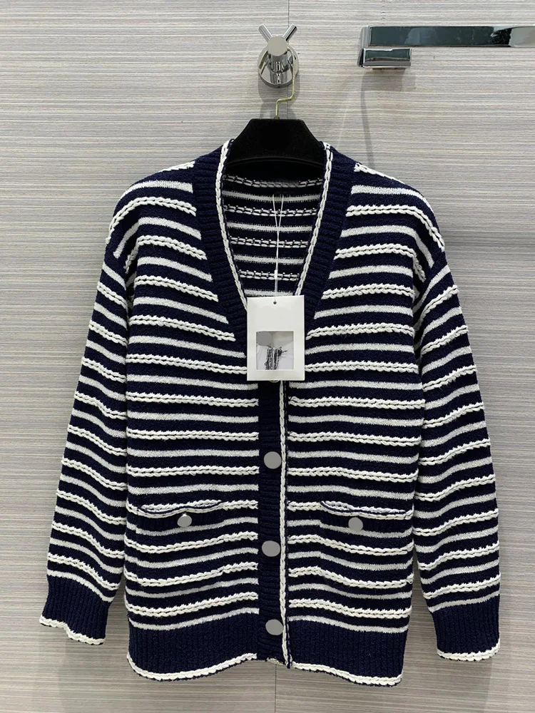 

Luxury Brand Knit Coat Jacket Tops Women Fashion Vintage Casual Twist Blue White Striped Single Breasted O-neck Cardigan Jackets