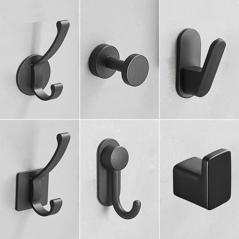 

Aluminum Black Hooks For Bathroom 2 pcs Towel Hook Kitchen Hanger Robe Hook Aluminum Wall Hooks For Key Coat Bathroom Hardware