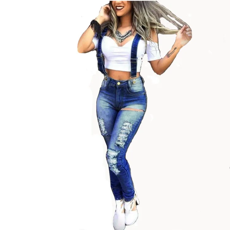 

Fashion Washed Denim Bib Woman's Jeans Overalls High Waist jeans Femme Denim Jumpsuits Rompers Ripped Jeans for Women Vaqueros