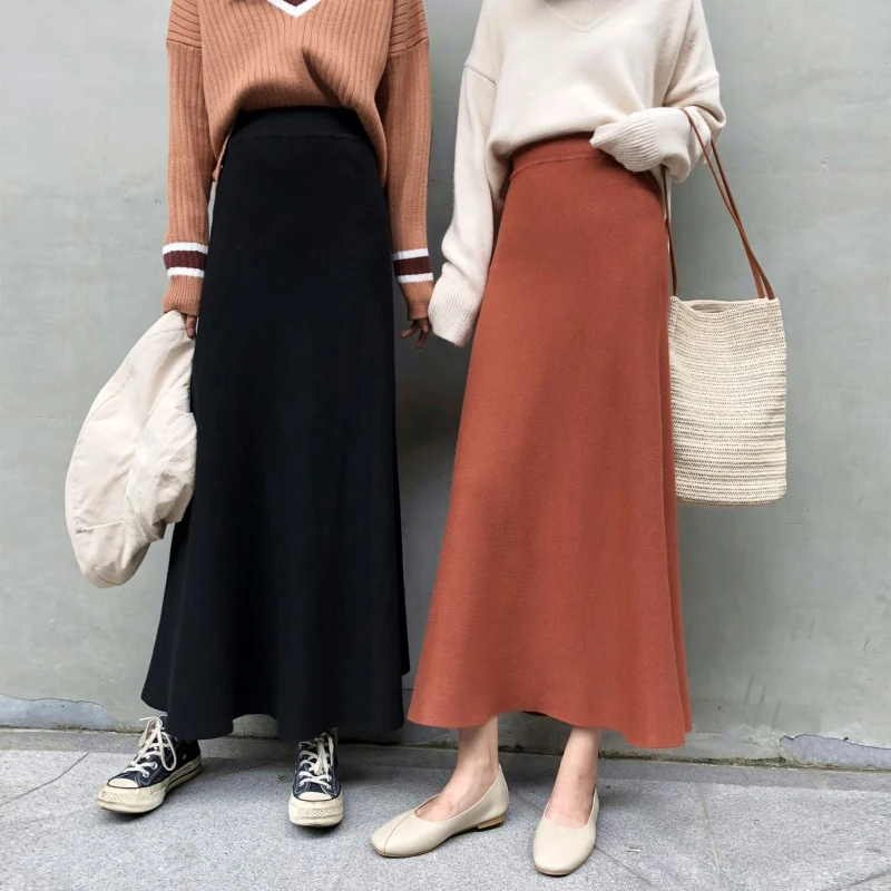 Элегантные черные юбки женские трапециевидные корейские стильные уличные трикотажные юбки с высокой талией однотонные простые миди юбки зима осень