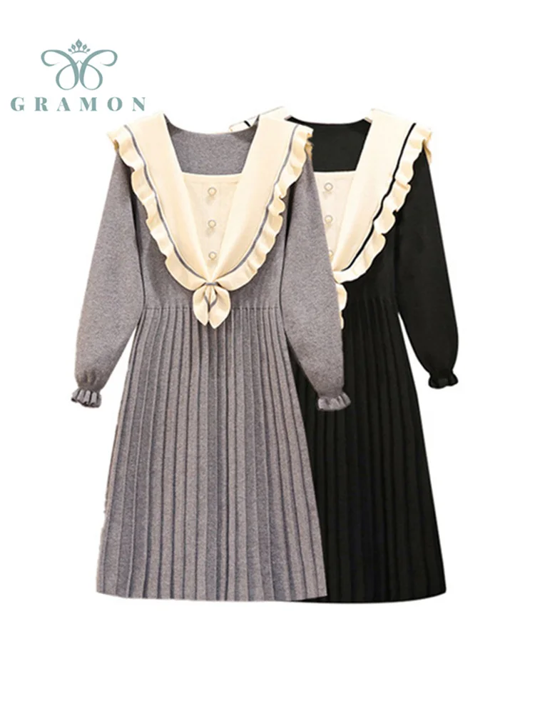 

Pleated Dresses For Women Plus Size Clothes 2021 Autumn Winter Preppy Style Long Sleeve Knitt Dress Sailor Collar Vestidos Femme