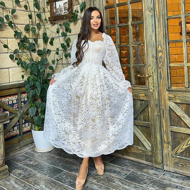 

New Simple Wedding Dresses Lace Tea length With Full Sleeve Abendkleider Matrimonio vestidosde Novia Robe-De-Mariee Direct China