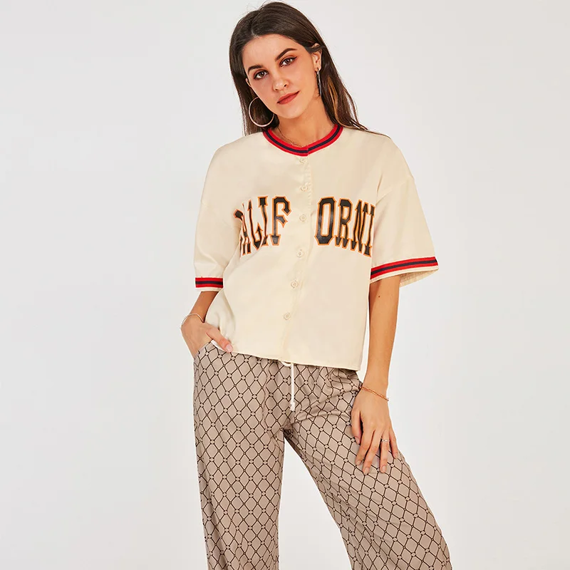 

Summer New Women T-shirt 2022 Fashion Letter Print Loose Thin O-Neck Button Casual Short-sleeved Hemmed Sports Women's Tops