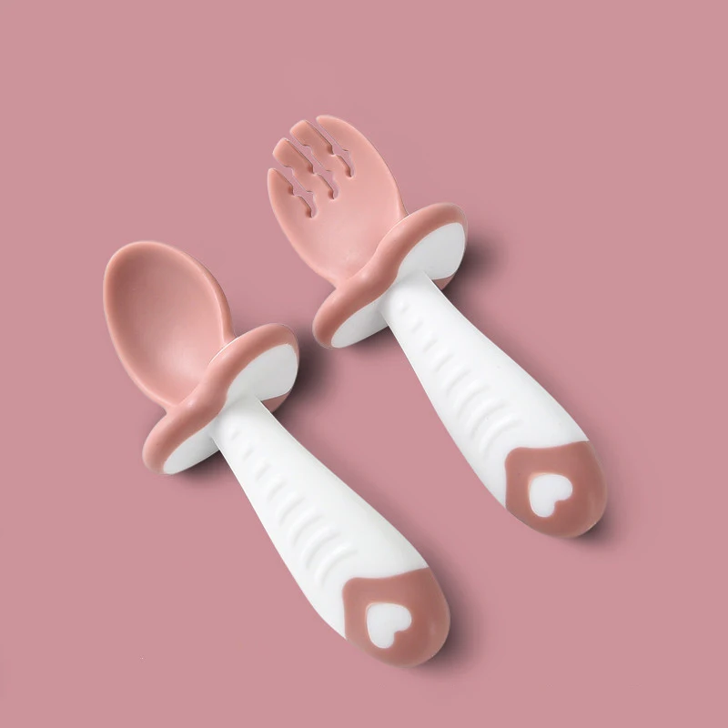 2Pcs/Set Baby Spoon Fork Silicone Children's Cutlery Set Feeding Baby Baby Tableware Baby Learn Spoon Set Short Easy Spoon images - 6