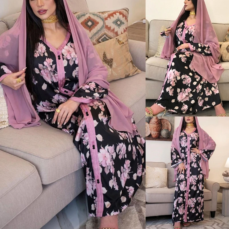 

Women Muslim KaftanEthnic Floral V-Neck Abaya Maxi Dress Ramadan Eid Dubai Robe