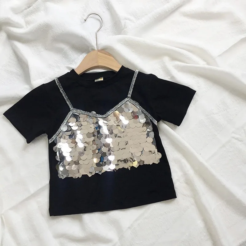 

Summer Fashion Kids Girl T-shirt Short Sleeve Fake 2pcs Children Girl Tops Cute Sequins Girl Clothes Toddler Baby Kids Costume