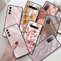 Glass Case For Samsung Galaxy S20 S10 Plus S21 Ultra Note Lite S10e Tempered Phone Cover Rose Pink Bling Funda