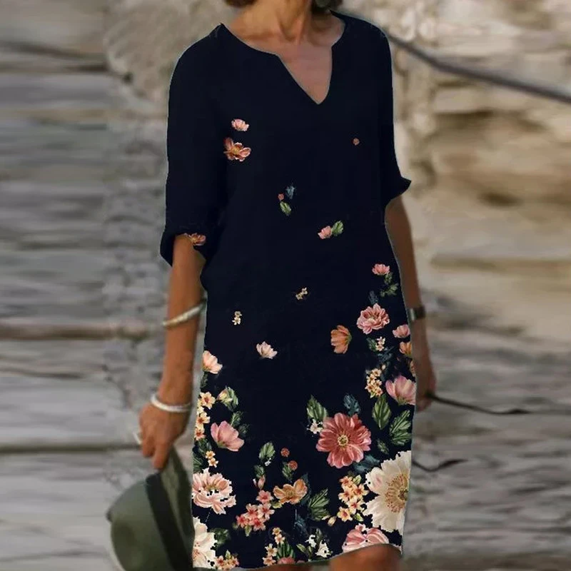 Женское платье с цветочным принтом Элегантное повседневное свободное до колен