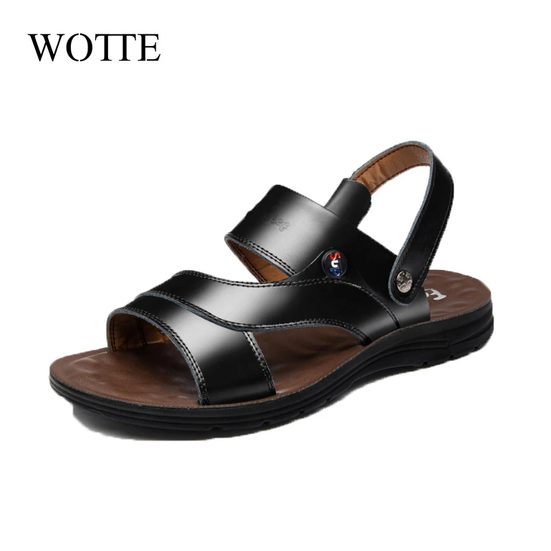 

WOTTE Summer Men Sandals Split Leather Shoes Comfortable Slip-on Slippers Beach Sandals Men Fashion Outdoor Sandalias hombre