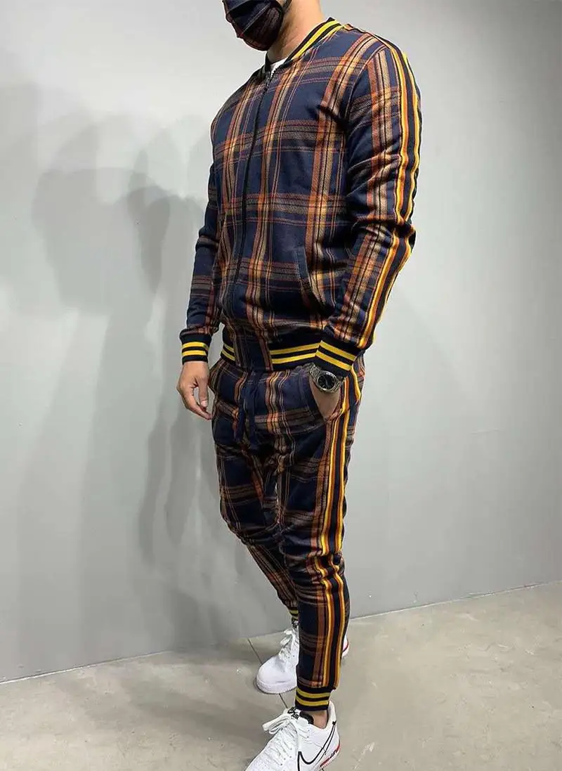 

2021 Gentlemen Tracksuit Men Fashion Sporting Suit Men Sets Brand Plaid Zipper Sweatshirt+Sweatpants Mens Clothing 2 Pieces Sets