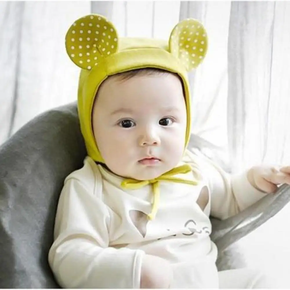 

Infant Palace Pullover Hat 2020 New Style Spring Autumn New-style Children Round Dotted Ear Solid Color Lace-up Cloth Cap