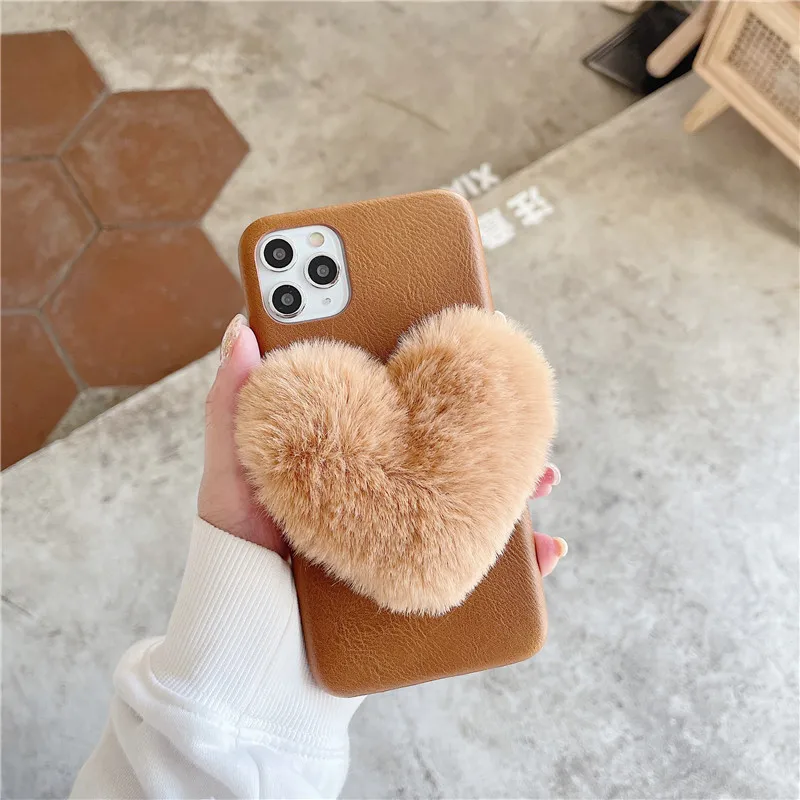 

Plush Love Heart Leather Protection Phone Case on For iPhone 11 Pro Max 8 7 Plus Xr XsMax X Xs SE 12 pro max