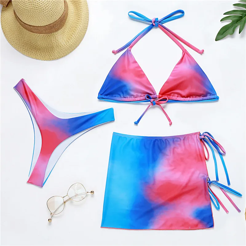 

African Print Style Swimsuit with Cover Up Three Piece Bathing Suit Women Tie Dying Bikini Swim Dress Thong Swimwear Biquinis