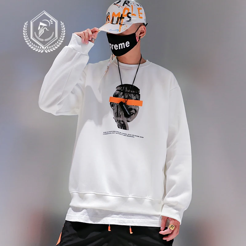 

Men Fashion Loose Print Fleece Heavyweight Casual Pullover Hip Hop Sweatshirts